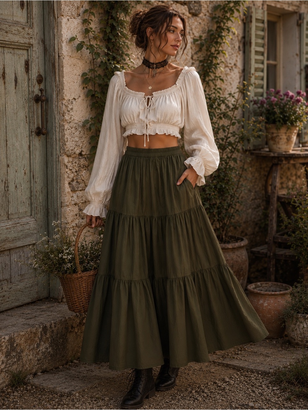 Scarlet Darkness Renaissance Elastic Waist Olive  Tiered Swing Skirt Pockets L